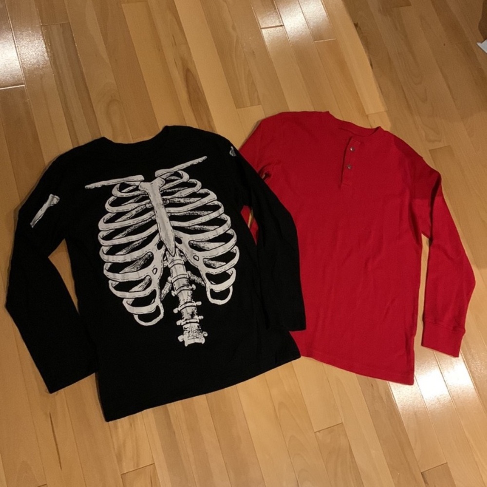 2 Long Sleeve Tees - Glow in the Dark Skeleton & Red - size L (10/12)